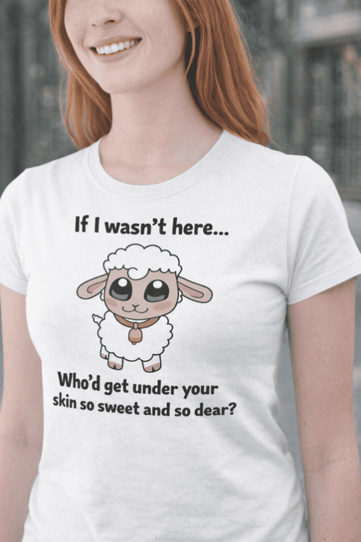 Cute sheep graphic funny T-shirt for women, online animal graphic tees, adorable animal humor shirt for casual wear.
