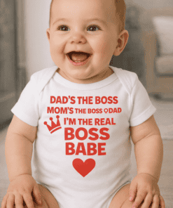 1. Baby wearing "Dad's the boss" humorous family T-shirt, cute infant clothing.