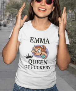 Bold printed T-shirt with "Emma Queen of F***ery" and cartoon unicorn graphic - fun, humorous women's casual wear.