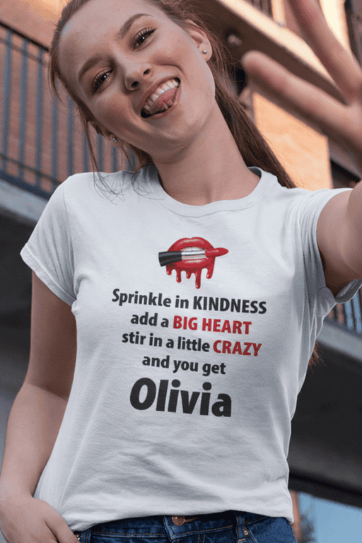 Warm personalized graphic T-shirt with custom name and positive message for women, perfect for casual or gift occasions.