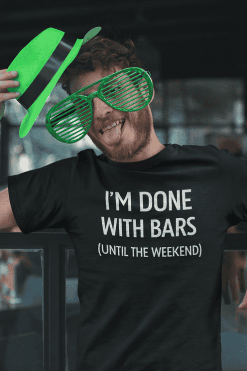 Workout humor T-shirt with fun text about bars and weekends, perfect for gym and fitness enthusiasts.