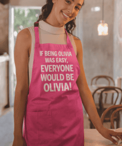 Funny personalized apron with custom text for cooking and baking enthusiasts. Perfect for gifts or kitchen decor.