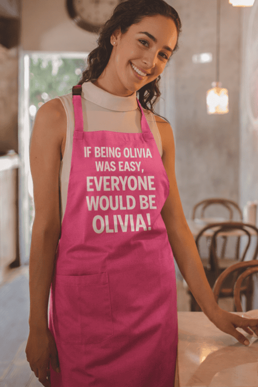 Funny personalized apron with custom text for cooking and baking enthusiasts. Perfect for gifts or kitchen decor.
