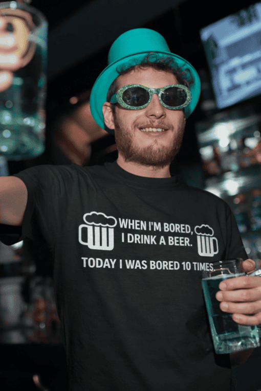 Beer humor T-shirt, fun party tee with humorous quote, casual men's clothing, beverage lover shirt.