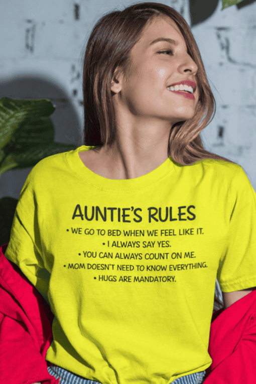 Cute Auntie's Rules T-shirt, fun gift for family, casual wear, playful clothing for women, TikTok-inspired tee.