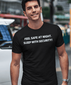 Comfortable black t-shirt with security quote for men's casual wear.