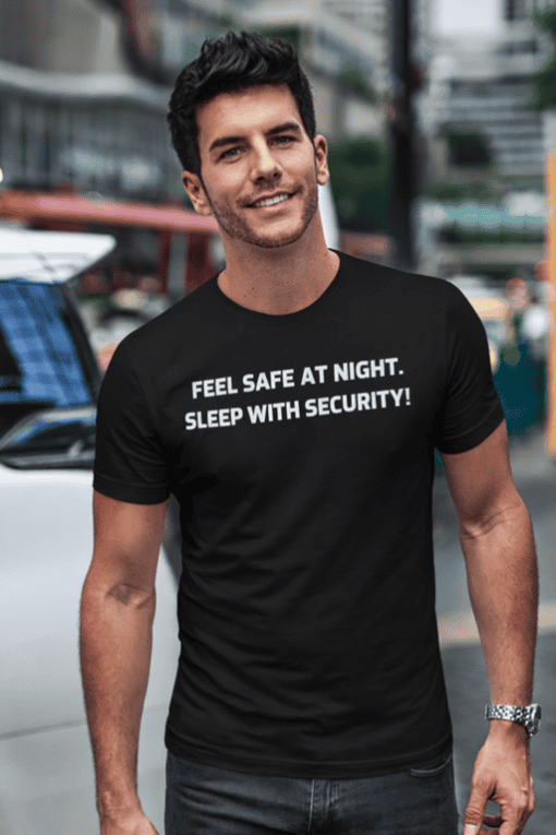 Comfortable black t-shirt with security quote for men's casual wear.
