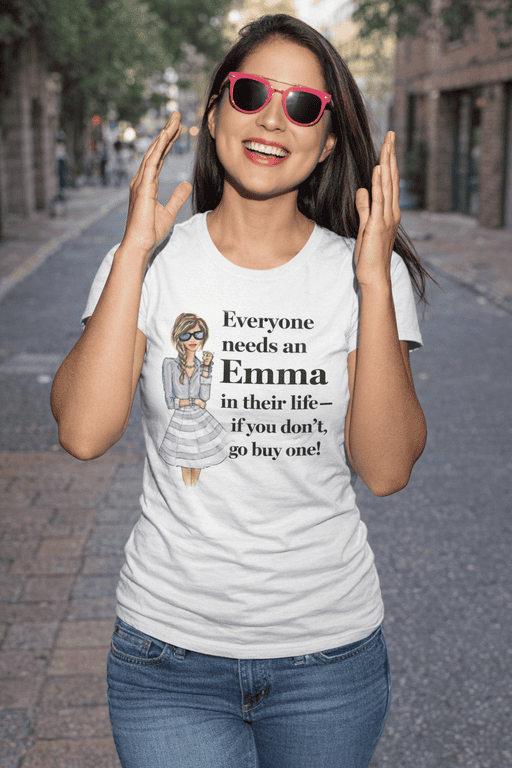 Bright smile woman wearing Emma quote T-shirt, sunglasses, casual street style, fun fashion statement tshirt, trendy graphic tee for women.