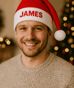Happy man wearing red and white Santa hat with "JAMES" text, Christmas background, holiday cheer, festive apparel, men's holiday fashion, t-shirtplease.com.