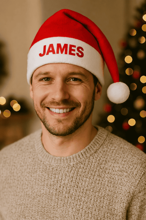 Happy man wearing red and white Santa hat with "JAMES" text, Christmas background, holiday cheer, festive apparel, men's holiday fashion, t-shirtplease.com.