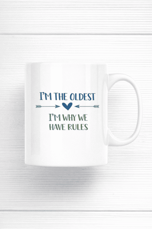 Oldest person humorous mug, funny gift, family joke, novelty coffee cup, T-shirtplease.com.