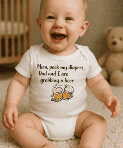 Mom pack my diapers dad and I are grabbing a beer funny baby onesie for dads and babies.