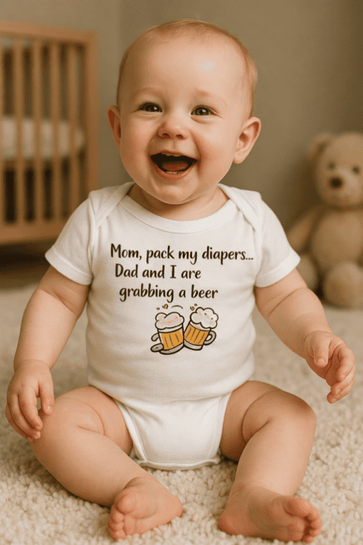 Mom pack my diapers dad and I are grabbing a beer funny baby onesie for dads and babies.