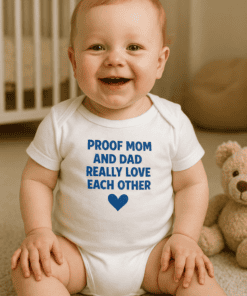 Happy baby wearing cute proof mom and dad love each other T-shirt, perfect for family photos and baby gifts.