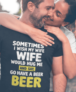 Warm couple wearing humorous anniversary t-shirt, love, humor, beer quote, dating, relationship, casual fashion, T-shirtplease.com.
