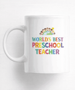 World's best preschool teacher mug with colorful design and children illustration.