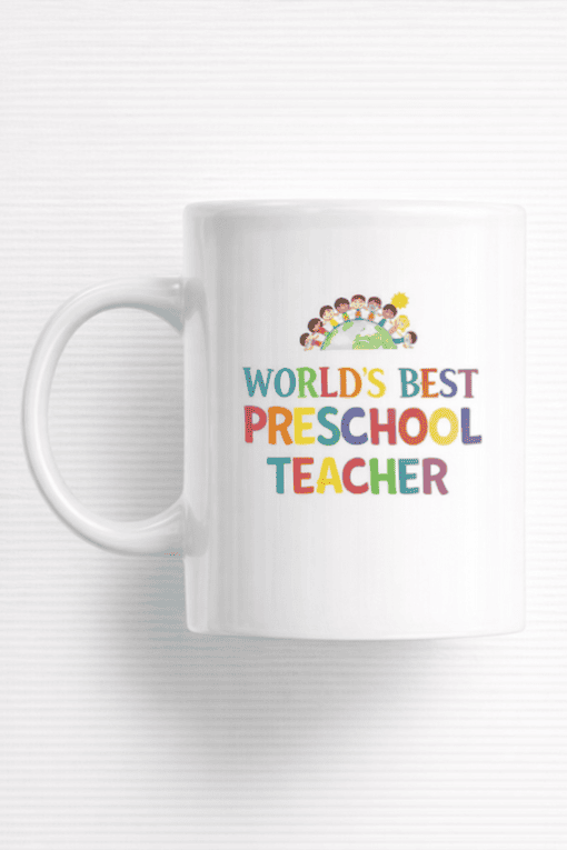 World's best preschool teacher mug with colorful design and children illustration.