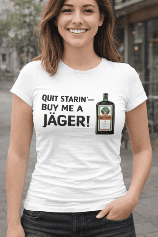 Jägermeister t-shirt with humorous quote and alcohol imagery, perfect for liquor and party enthusiasts.