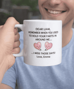 Funny personalized mug with romantic message about past farts, perfect for couples or gifts.