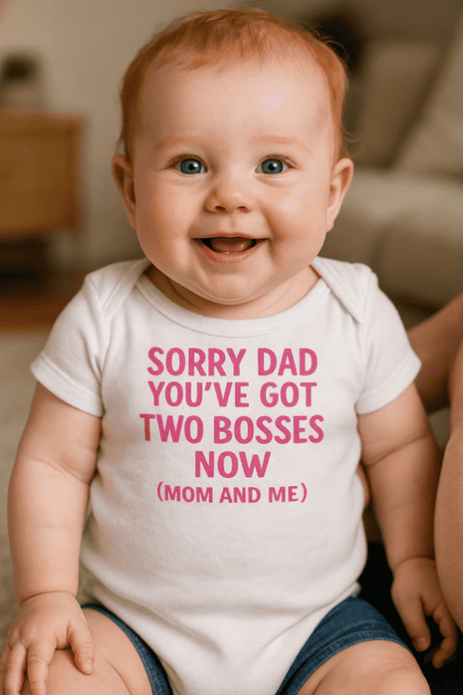Bright baby with humorous "Sorry Dad You've Got Two Bosses Now" T-shirt, perfect for family humor shirts.