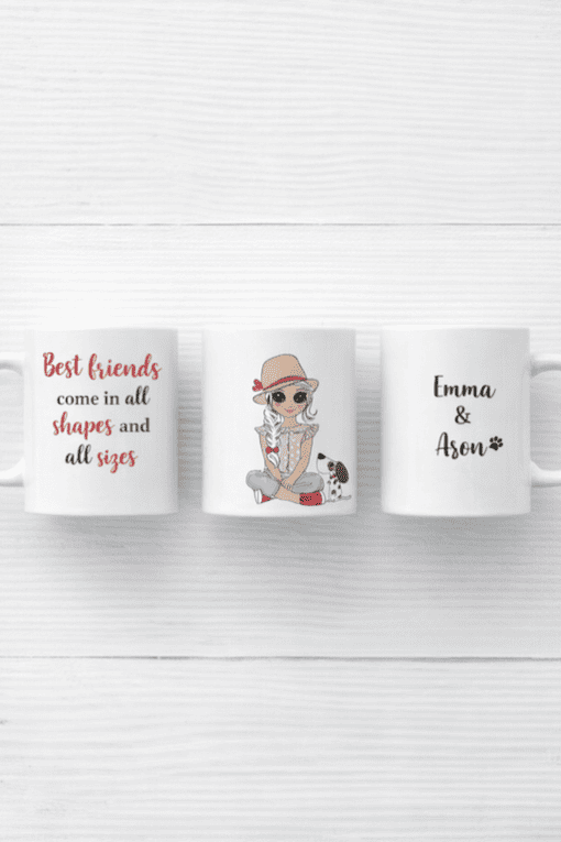 Beautiful personalized mugs with friendship quote, cute girl illustration, and names Emma & Ason, perfect for gifts.