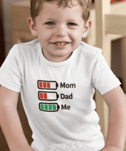 Battery icon T-shirt with "Mom, Dad, Me" labels, ideal for family humor t-shirts.