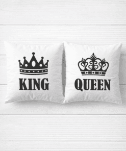 King and Queen crown pillow set for couples, royalty-themed home decor.