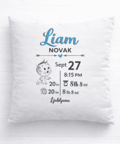 1. Custom baby milestone pillow with name, date, weight, height, and location.