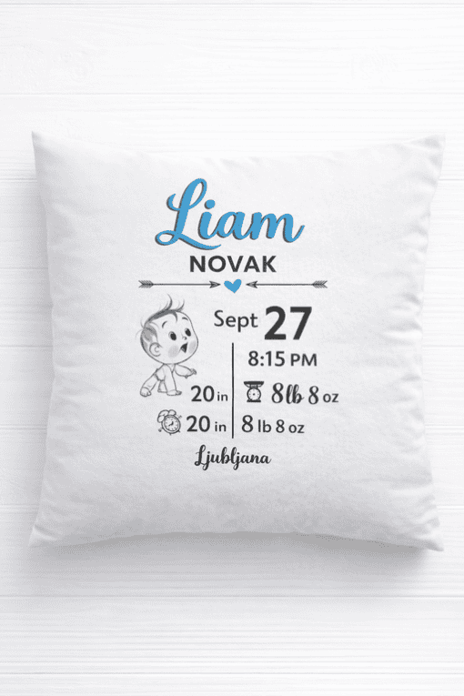 1. Custom baby milestone pillow with name, date, weight, height, and location.