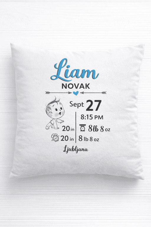 1. Custom baby milestone pillow with name, date, weight, height, and location.