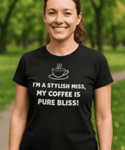Chic coffee-themed T-shirt for women, stylish and comfortable casual wear. Perfect for coffee lovers.
