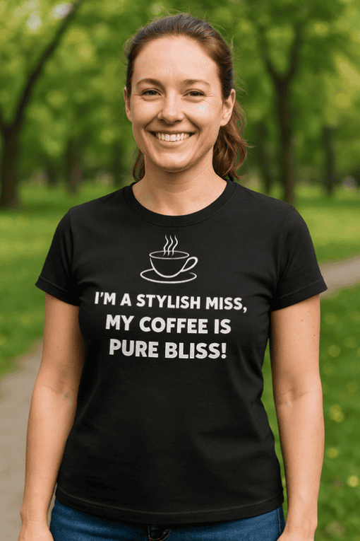Chic coffee-themed T-shirt for women, stylish and comfortable casual wear. Perfect for coffee lovers.