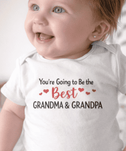 Adorable baby wearing personalized "Best Grandma & Grandpa" T-shirt, perfect gift for grandparents.