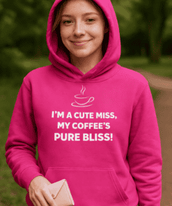 1. Cute pink hoodie with coffee quote for casual fashion and cozy comfort.