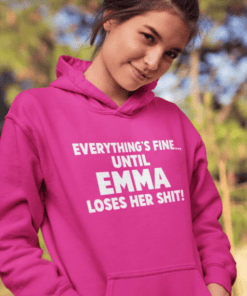Aesthetic pink hoodie with humorous quote about Emma, perfect casual wear, trendy and funny graphic tee for women.