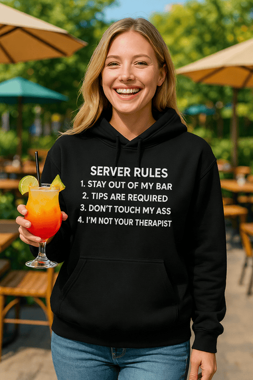 1. Woman wearing humorous server rules hoodie outdoors, promoting fun bartender attire.