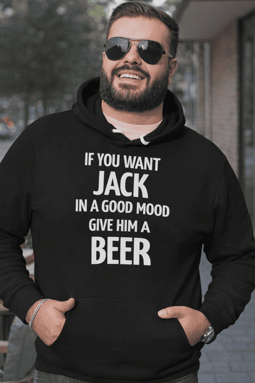 1. Men's hoodie with humorous message about giving beer for good mood.