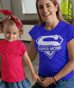 Super Mom T-shirt with Superman logo and girl wearing pink T-shirt, family matching apparel, Thirtplease.com.