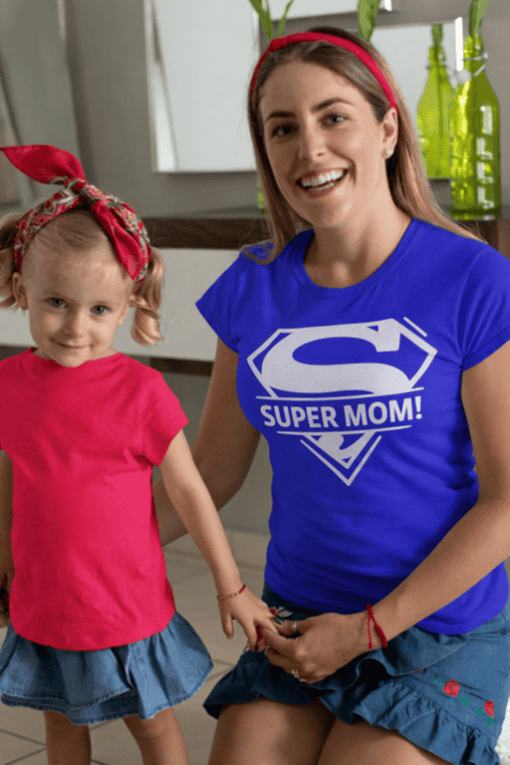 Super Mom T-shirt with Superman logo and girl wearing pink T-shirt, family matching apparel, Thirtplease.com.