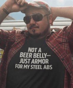 Beer belly humor t-shirt, funny men's graphic tee for beer lovers and casual wear.
