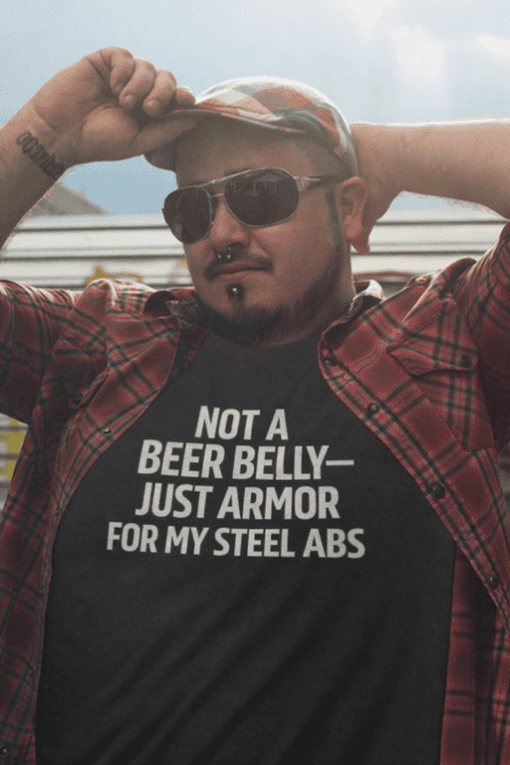 Beer belly humor t-shirt, funny men's graphic tee for beer lovers and casual wear.