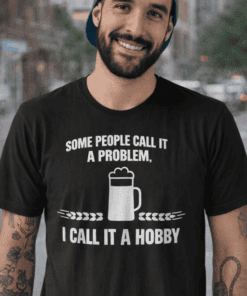1. Funny beer mug t-shirt with humorous quote about hobbies, casual men's casual wear.