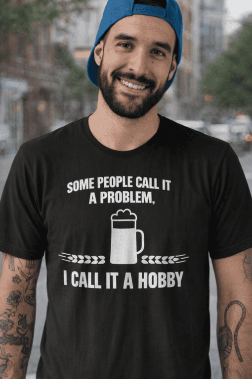 1. Funny beer mug t-shirt with humorous quote about hobbies, casual men's casual wear.