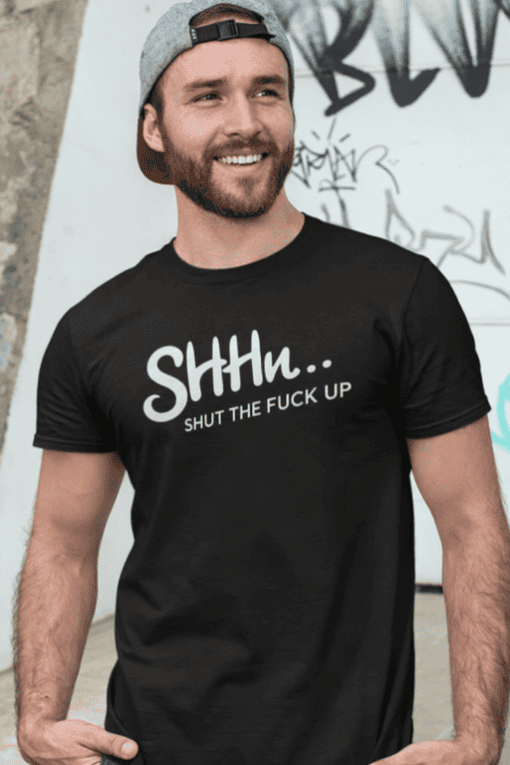 Shh shirt with humorous message, casual streetwear, men's graphic tee, funny t-shirt design, trendy apparel for men.