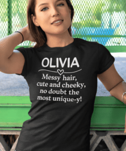 Messy hair cute cheeky personalized name t-shirt for women with fun quote.