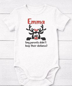 Cute reindeer baby onesie with personalized name Emma, perfect for Christmas or holiday gifts.