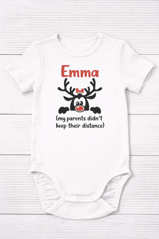 Cute reindeer baby onesie with personalized name Emma, perfect for Christmas or holiday gifts.