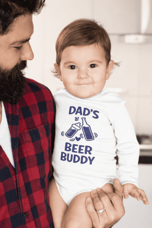 1. Cute baby wearing "Dad's Beer Buddy" T-shirt, perfect for dad and baby matching outfits.