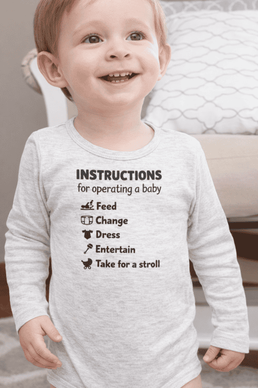 Cute baby t-shirt with humorous instructions, perfect for baby gifts and adorable photos.