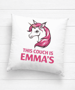Unicorn cushion with pink mane and "This Couch is Emma's" humorous quote.